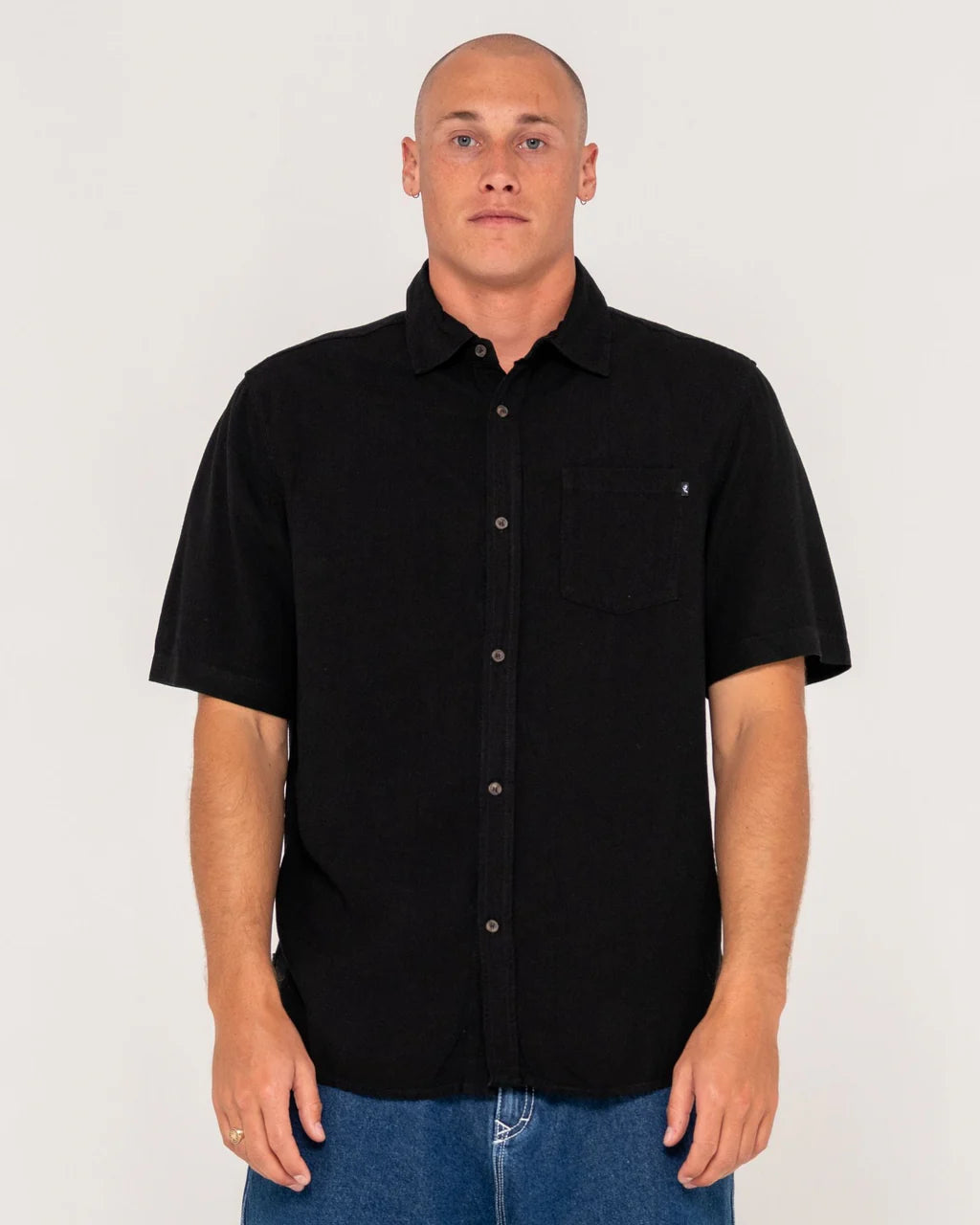 RUSTY OVERTONE SHORT SLEEVE LINEN SHIRT - BLACK