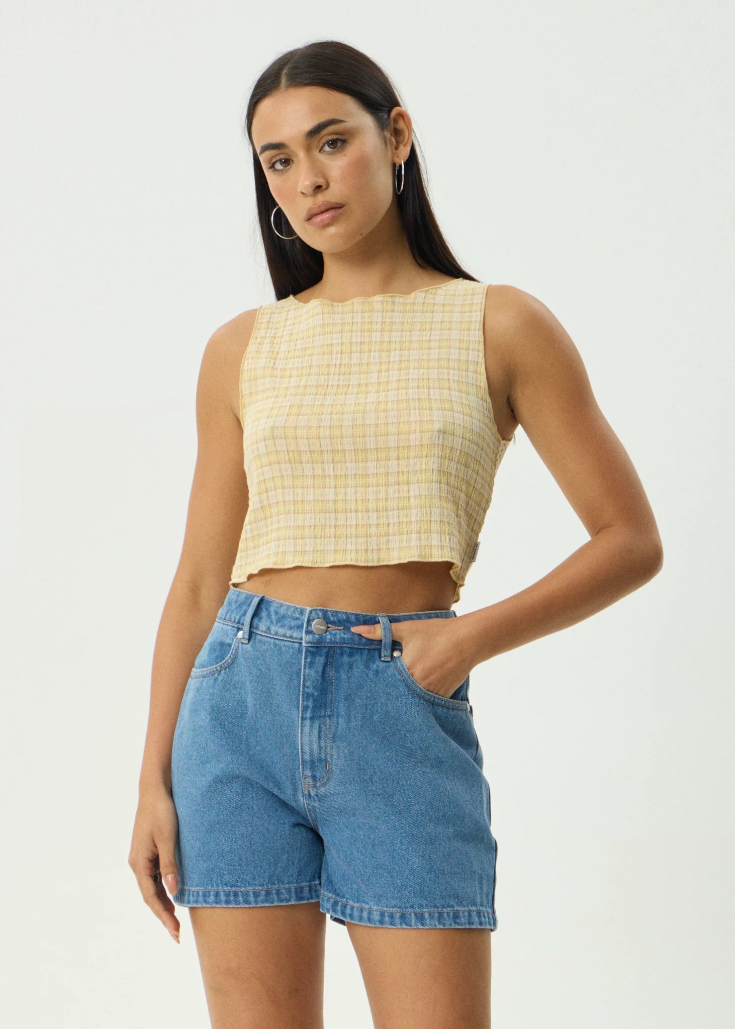 AFENDS SUNDAY SEERSUCKER SLEEVELESS TOP – HEMP LEMON CHECK CROPPED TANK