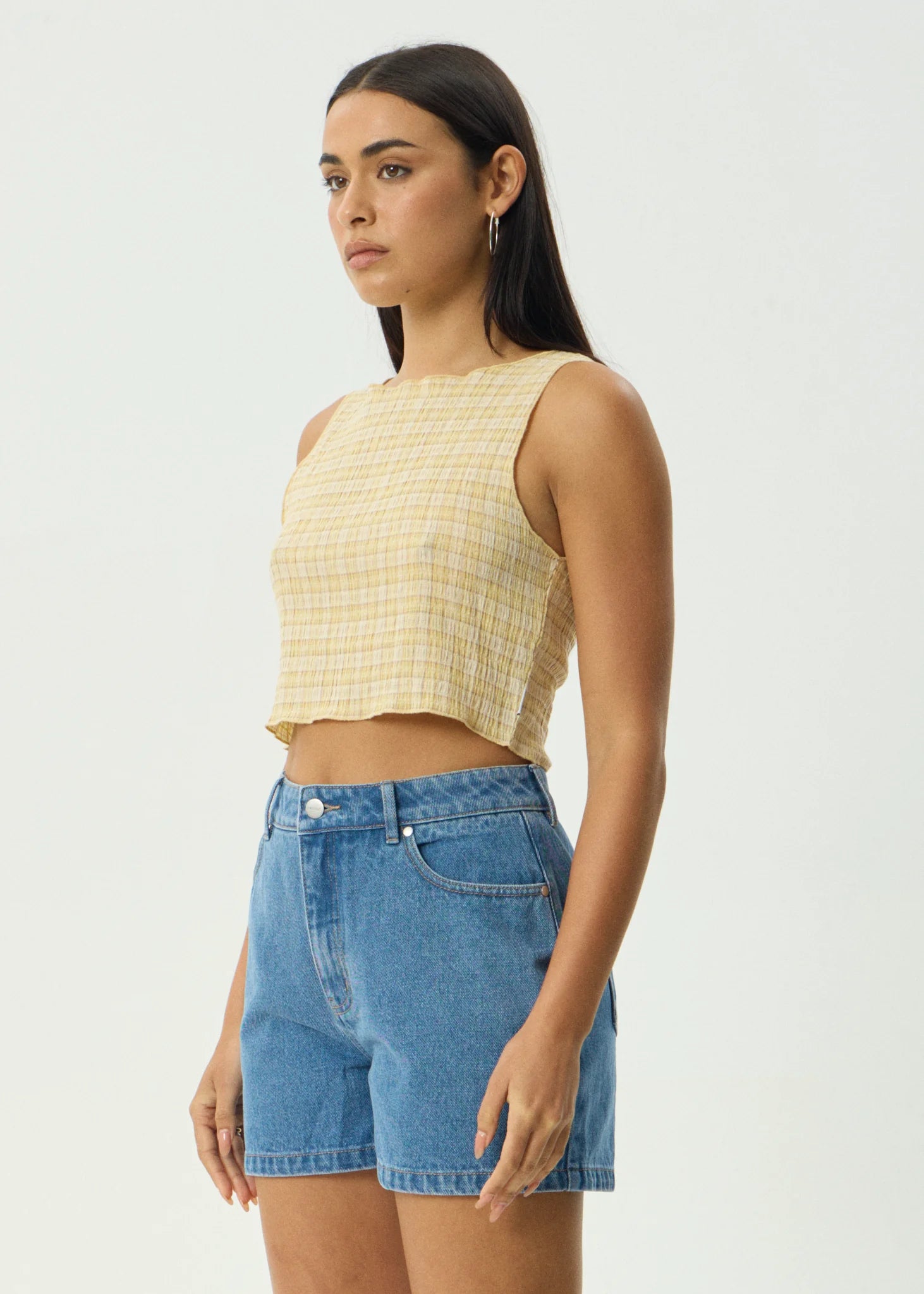 AFENDS SUNDAY SEERSUCKER SLEEVELESS TOP – HEMP LEMON CHECK CROPPED TANK