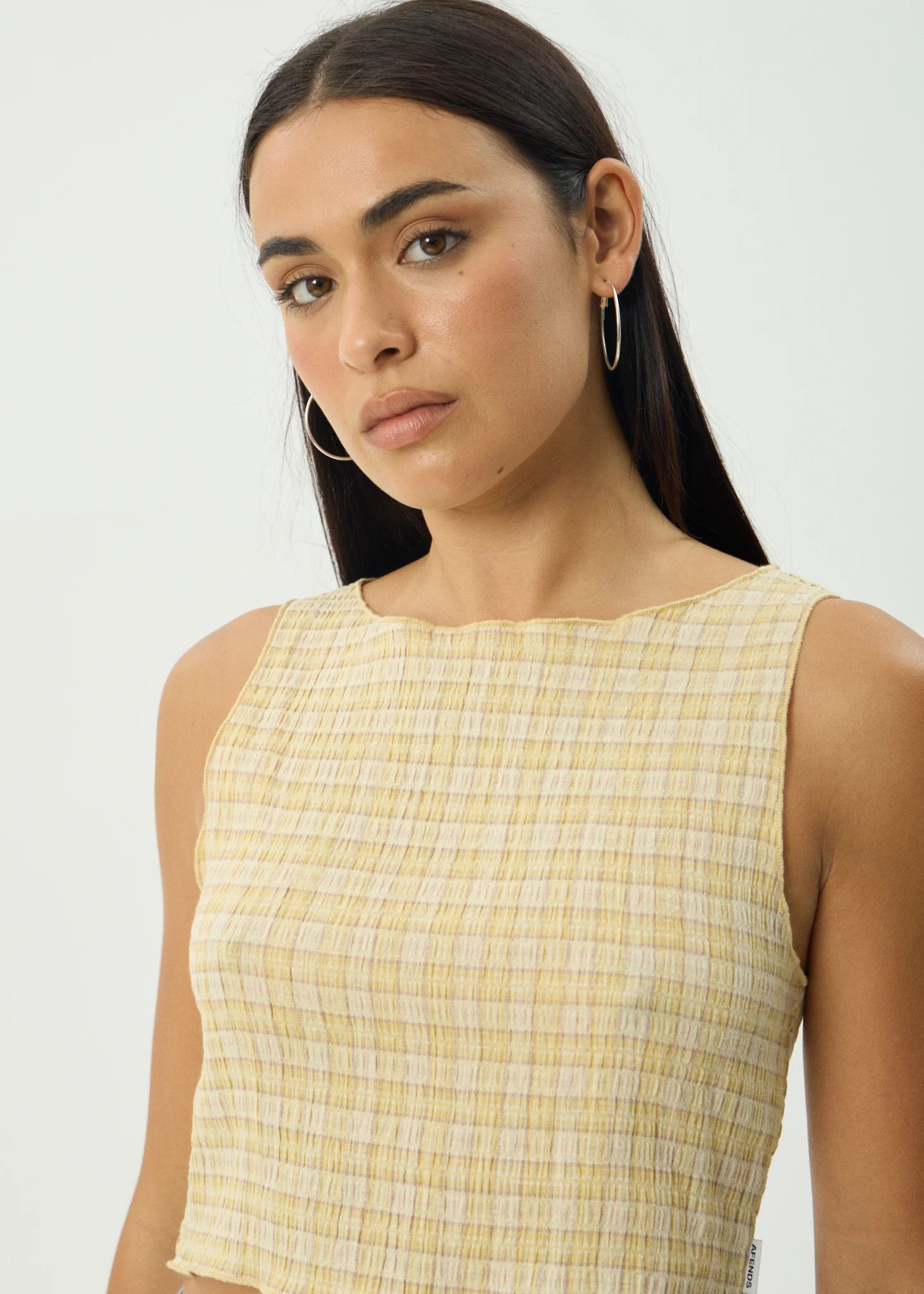 AFENDS SUNDAY SEERSUCKER SLEEVELESS TOP – HEMP LEMON CHECK CROPPED TANK