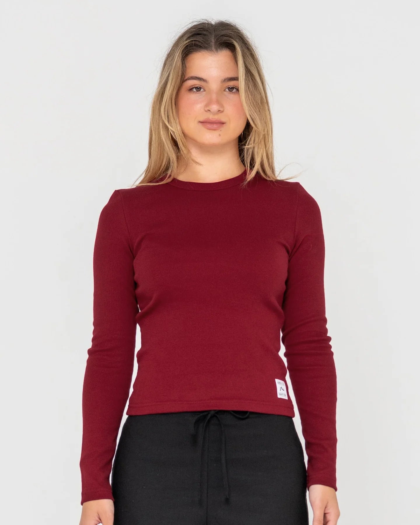 RUSTY ESSENTIAL RIBBED LONG SLEEVE TEE RHUBARB