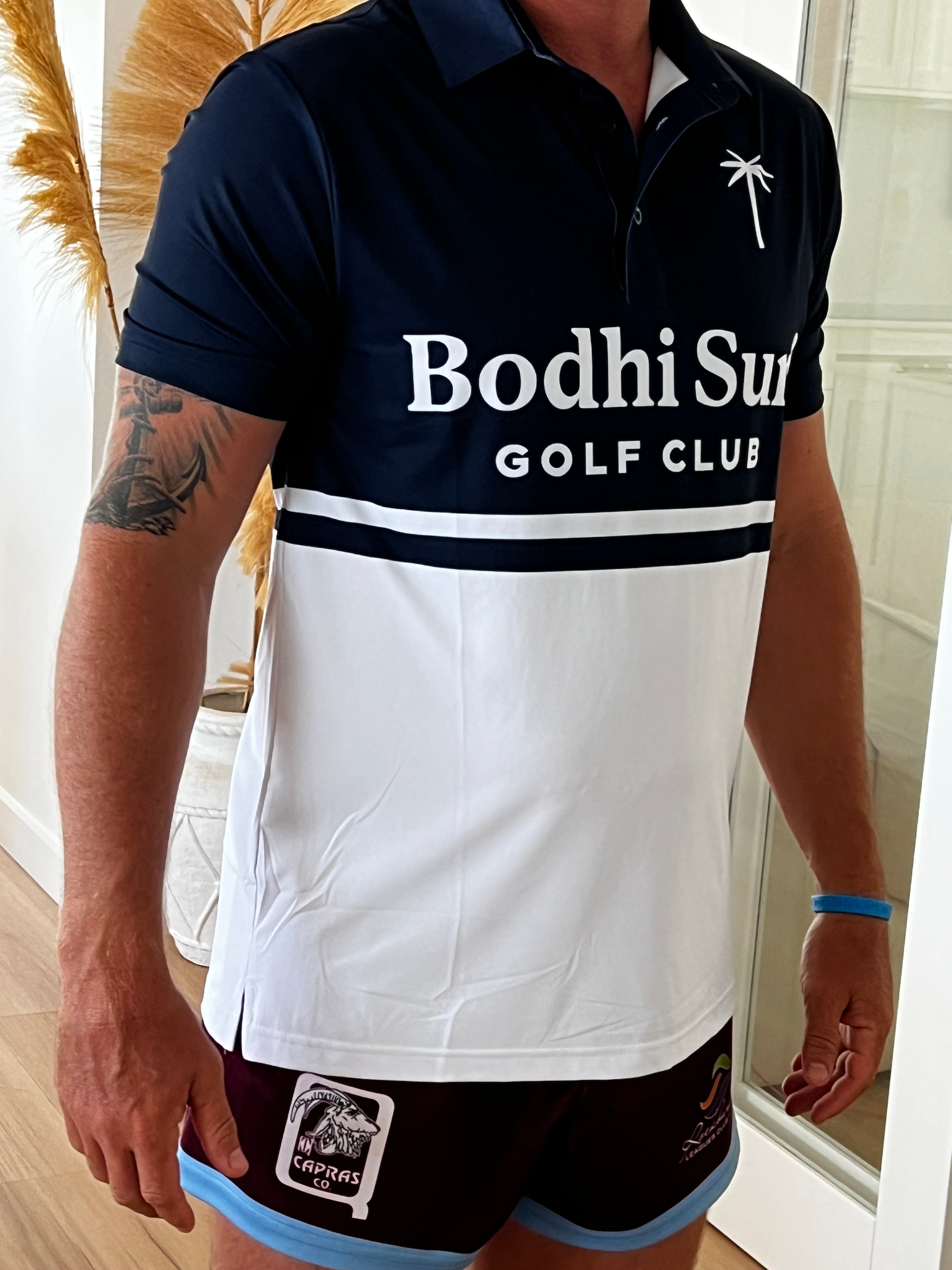 BODHI SURF RUM CANS AT DAWN GOLF POLO NAVY WHITE BREATHABLE SPORTS FIT