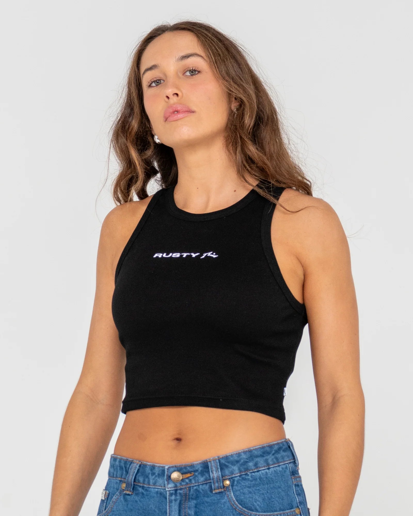 RUSTY ESSENTIALS RIBBED CROP TANK BLACK