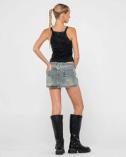 RUSTY MORTY LOW RISE DENIM MICRO MINI SKIRT