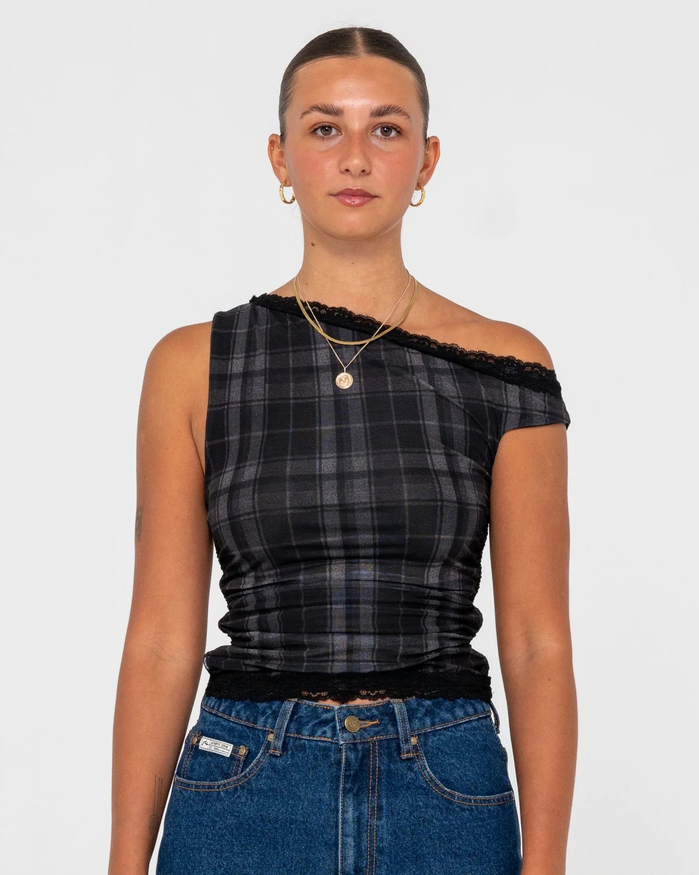 RUSTY PLAIDNANI OFF SHOULDER MESH TOP
