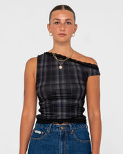 RUSTY PLAIDNANI OFF SHOULDER MESH TOP