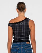 RUSTY PLAIDNANI OFF SHOULDER MESH TOP