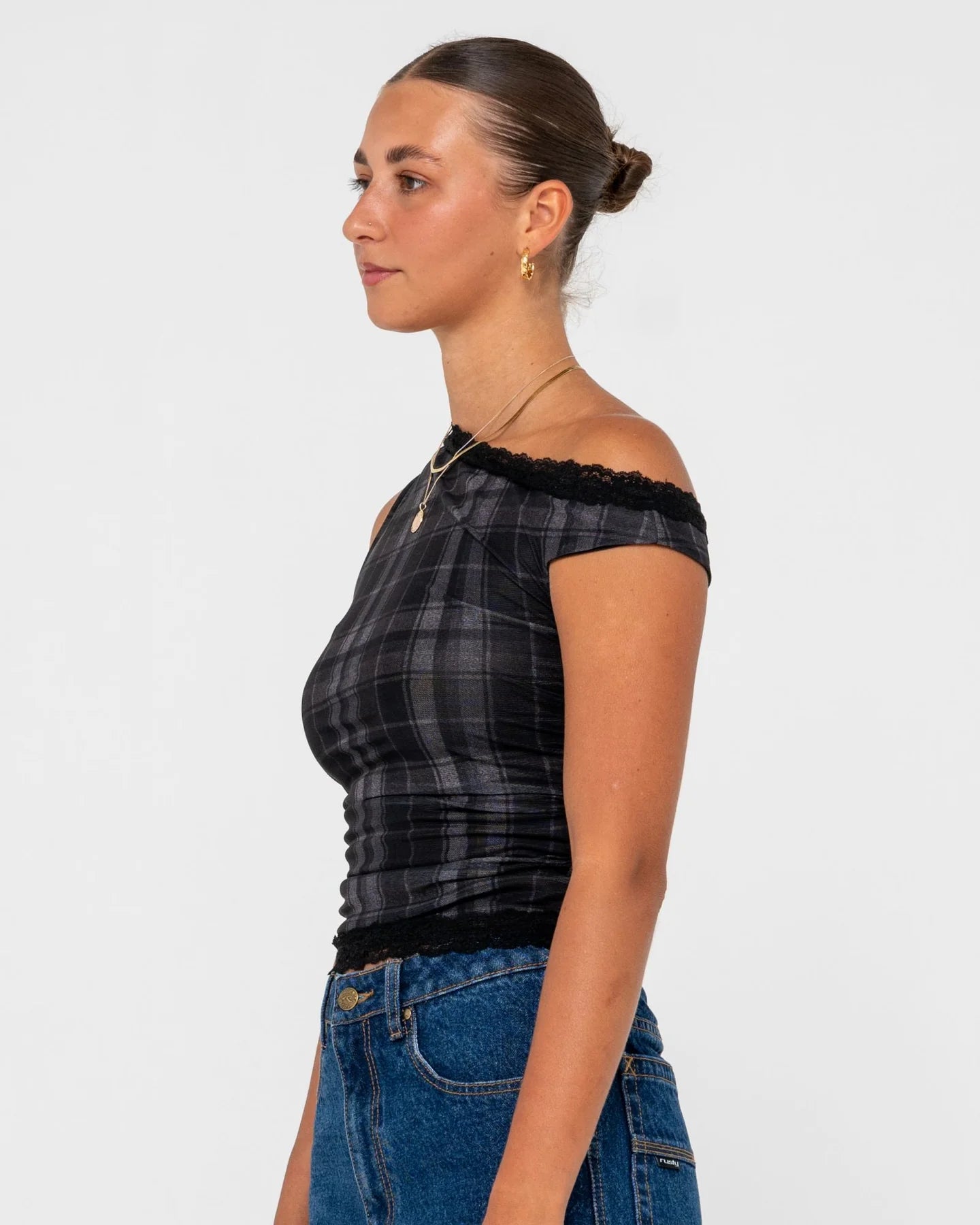 RUSTY PLAIDNANI OFF SHOULDER MESH TOP