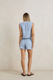 RHYTHM DEL RIO GATHERED TOP WOMENS CROPPED SUMMER TOP BLUE CHECK