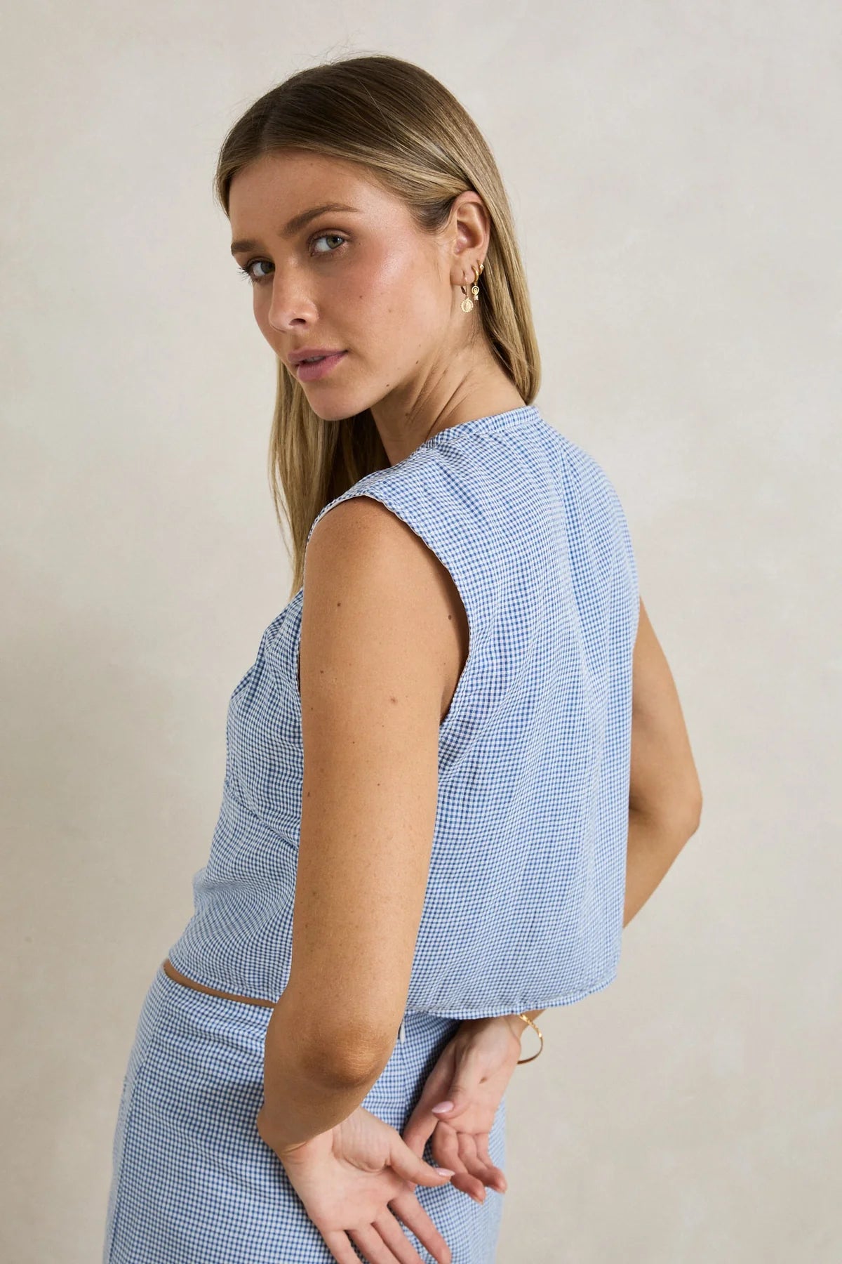 RHYTHM DEL RIO GATHERED TOP WOMENS CROPPED SUMMER TOP BLUE CHECK