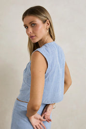 RHYTHM DEL RIO GATHERED TOP WOMENS CROPPED SUMMER TOP BLUE CHECK