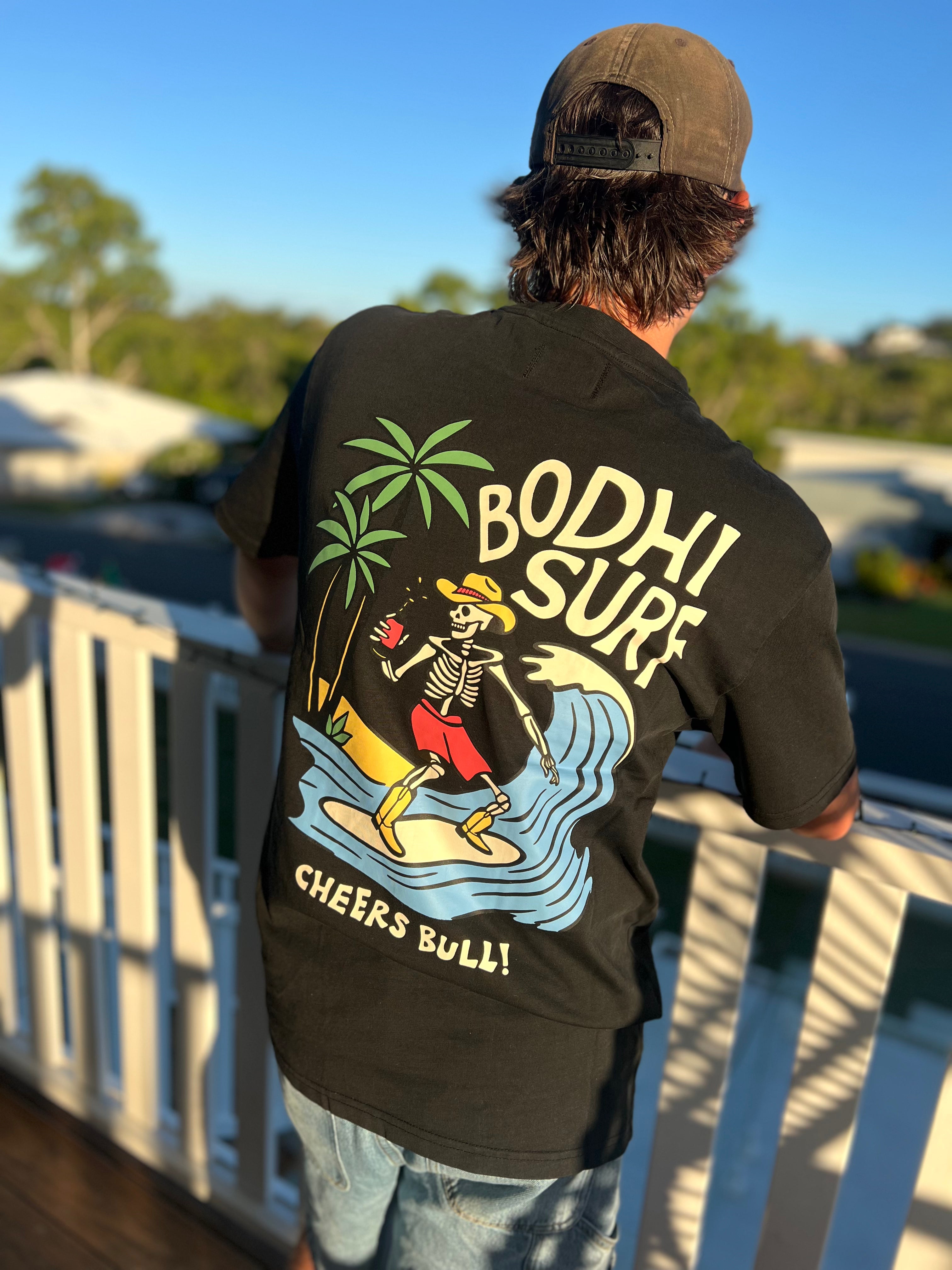 BODHI SURF CHEERS BULL TEE UNISEX BLACK GRAPHIC T-SHIRT HAWAII ARTIST COLLAB