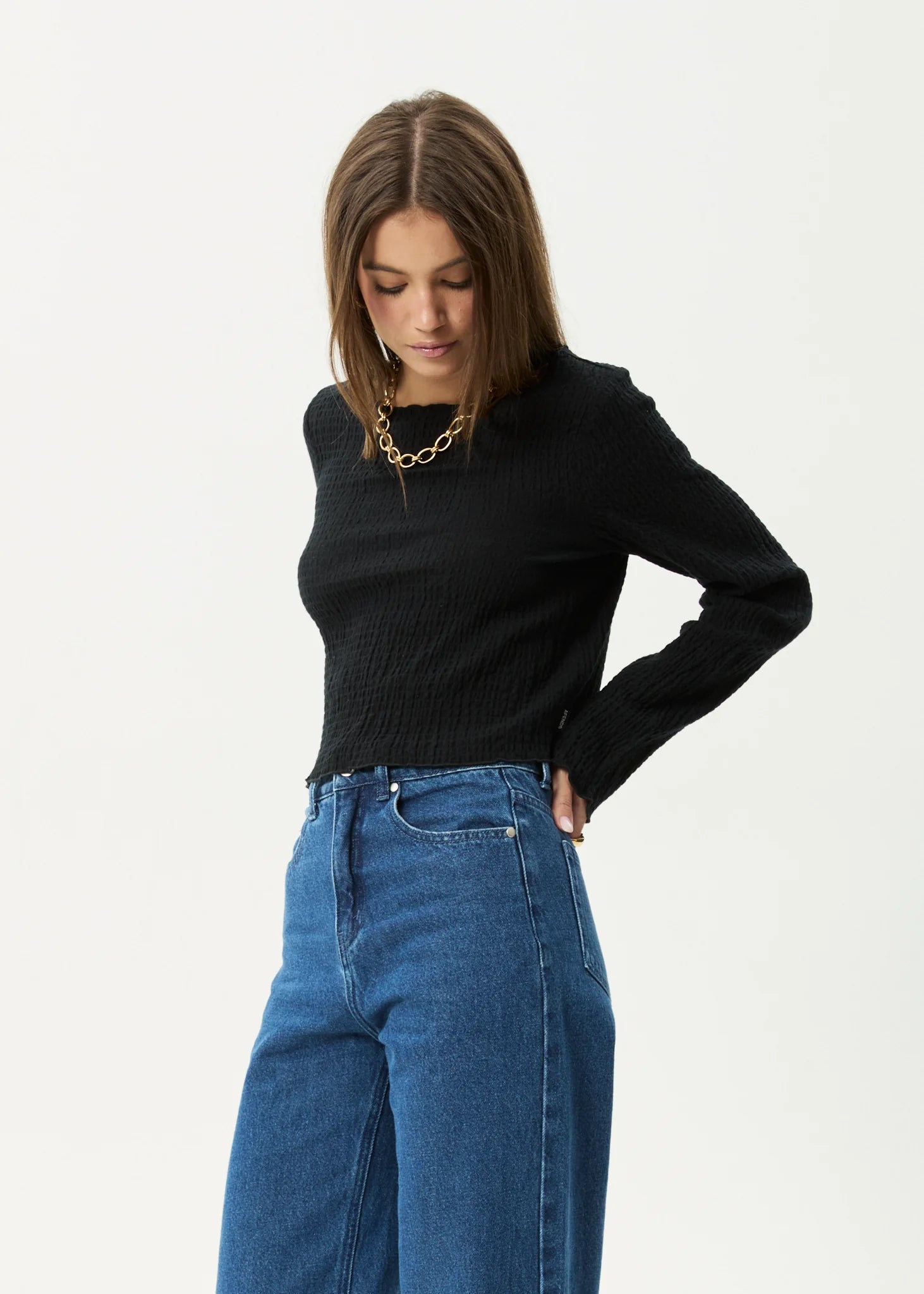 AFENDS FOCUS SEERSUCKER LONG SLEEVE TOP