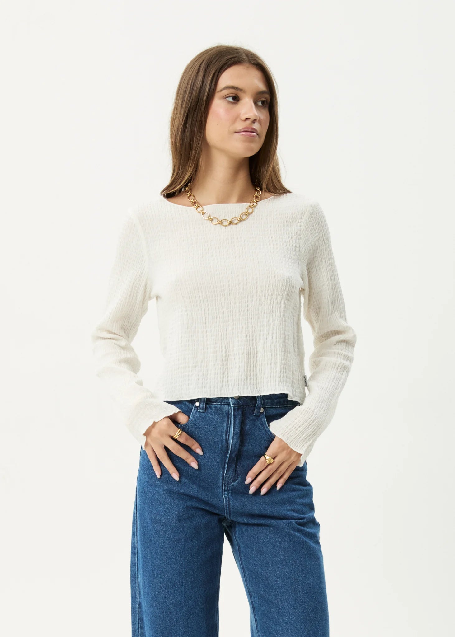 AFENDS FOCUS SEERSUCKER LONG SLEEVE TOP - OFF WHITE