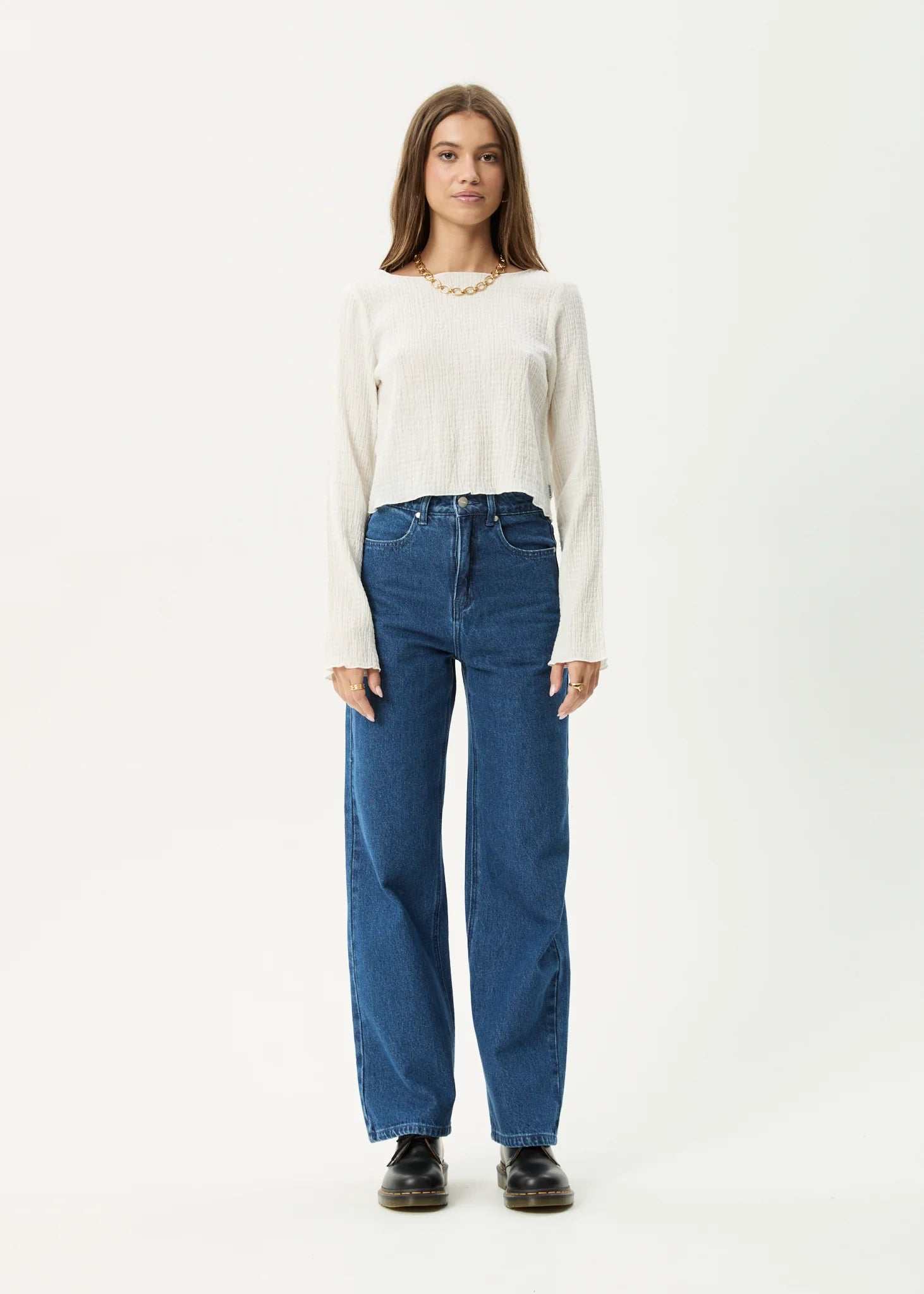 AFENDS FOCUS SEERSUCKER LONG SLEEVE TOP - OFF WHITE