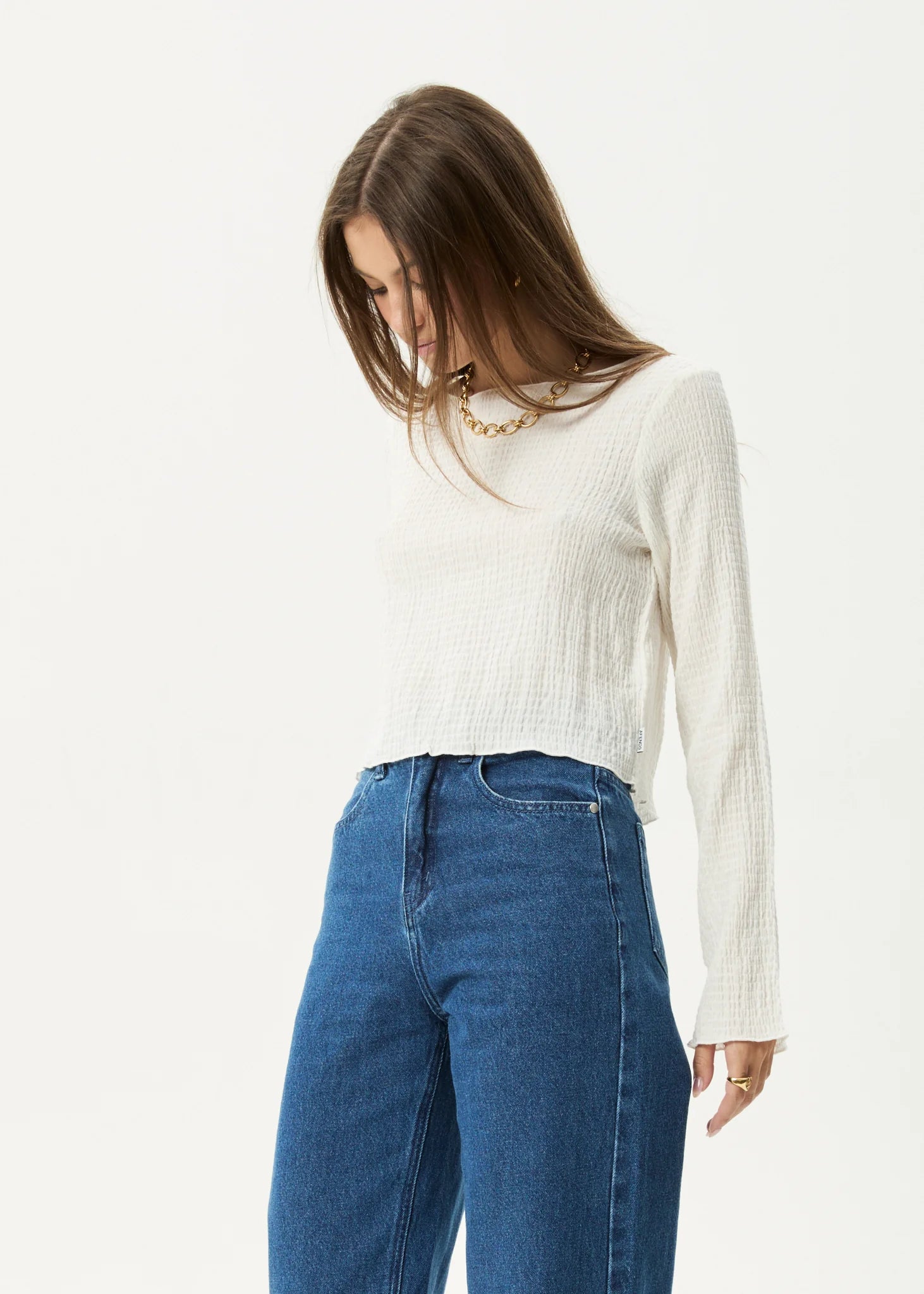AFENDS FOCUS SEERSUCKER LONG SLEEVE TOP - OFF WHITE