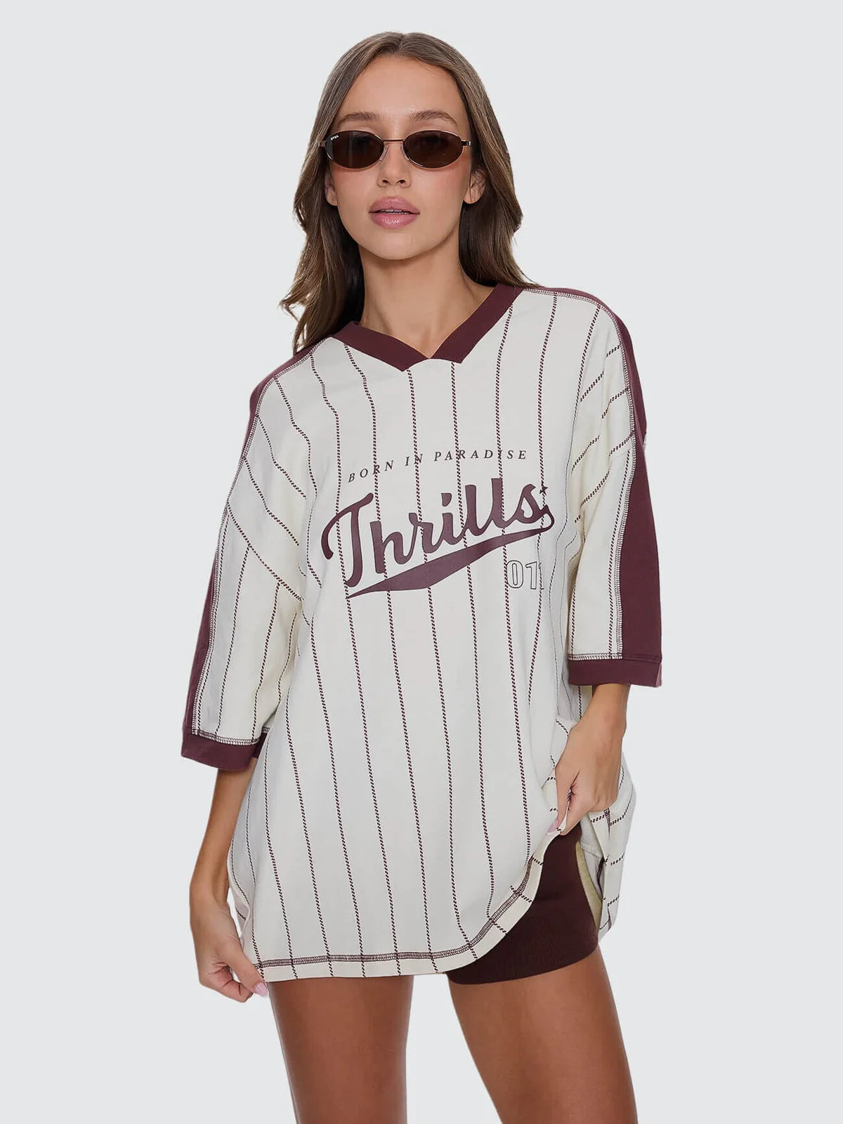 THRILLS BASELINE STRIPE V-NECK OVERSIZED TEE - BUTTER CREAM