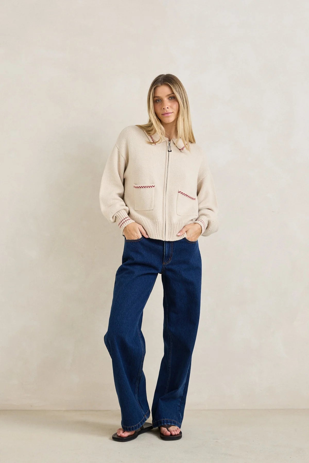 RHYTHM FRANKIE DUAL ZIP CARDIGAN WOMENS KNIT SWEATER NATURAL