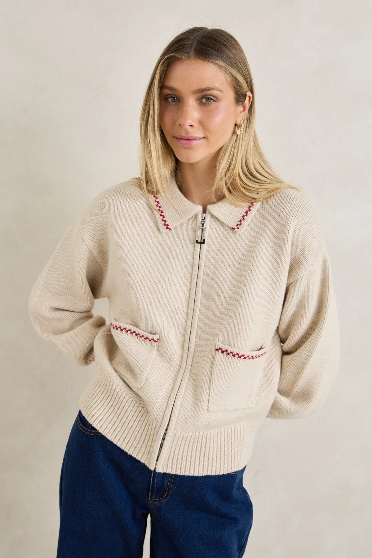 RHYTHM FRANKIE DUAL ZIP CARDIGAN WOMENS KNIT SWEATER NATURAL