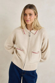 RHYTHM FRANKIE DUAL ZIP CARDIGAN WOMENS KNIT SWEATER NATURAL