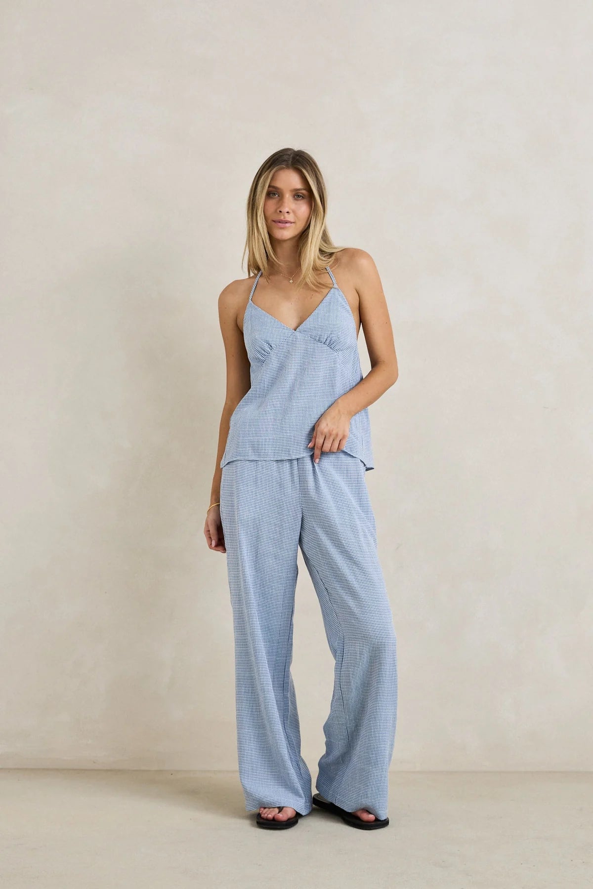 RHYTHM MARISOL PANT WOMENS HIGH WAIST SUMMER PANTS BLUE CHECK