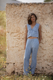 RHYTHM MARISOL PANT WOMENS HIGH WAIST SUMMER PANTS BLUE CHECK