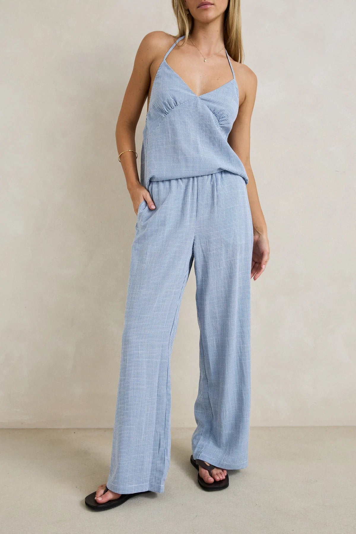 RHYTHM MARISOL PANT WOMENS HIGH WAIST SUMMER PANTS BLUE CHECK