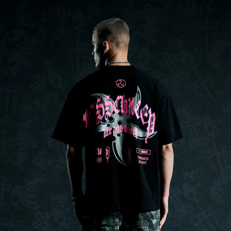 KSCY SHIELD STREET TEE BOXY CROPPED HEAVYWEIGHT GRAPHIC RELAXED STREETWEAR JET BLACK