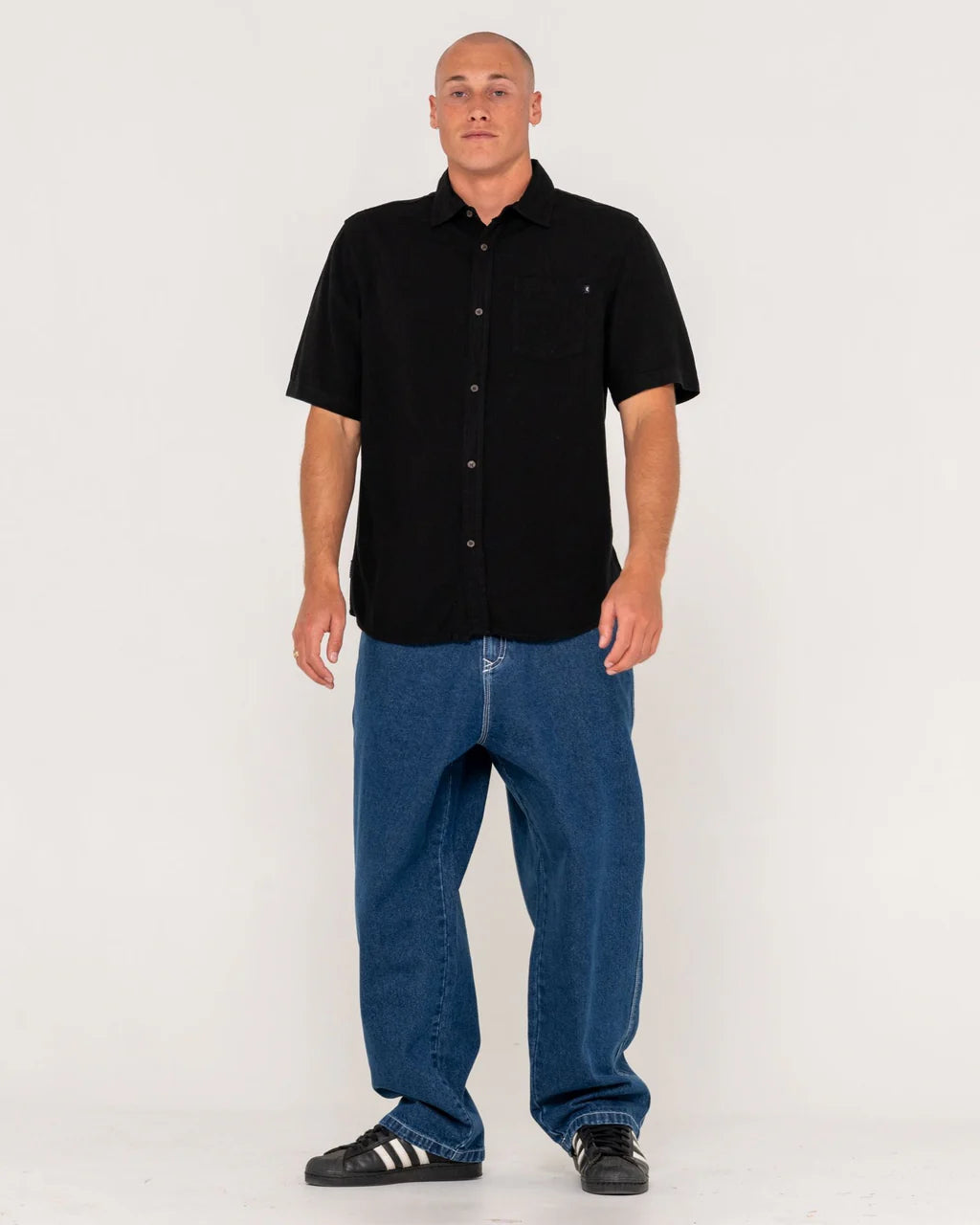 RUSTY OVERTONE SHORT SLEEVE LINEN SHIRT - BLACK