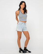 RUSTY PENNY KICK FLARE DENIM SHORT - SKY BLUE HEATHER