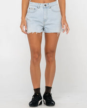 RUSTY PENNY KICK FLARE DENIM SHORT - SKY BLUE HEATHER