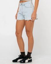 RUSTY PENNY KICK FLARE DENIM SHORT - SKY BLUE HEATHER