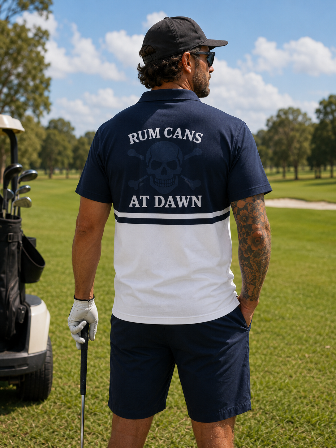 BODHI SURF RUM CANS AT DAWN GOLF POLO NAVY WHITE BREATHABLE SPORTS FIT