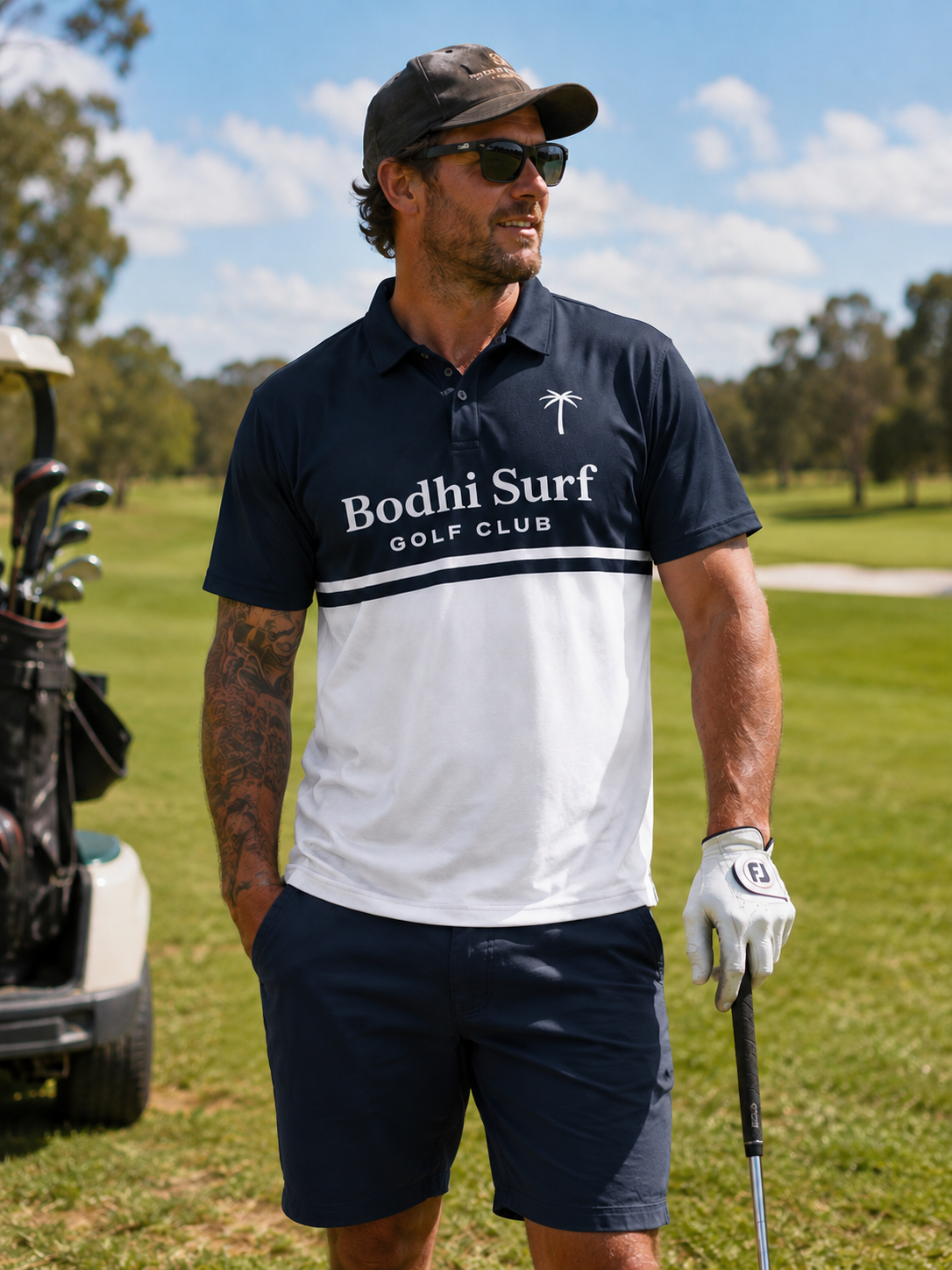 BODHI SURF RUM CANS AT DAWN GOLF POLO NAVY WHITE BREATHABLE SPORTS FIT