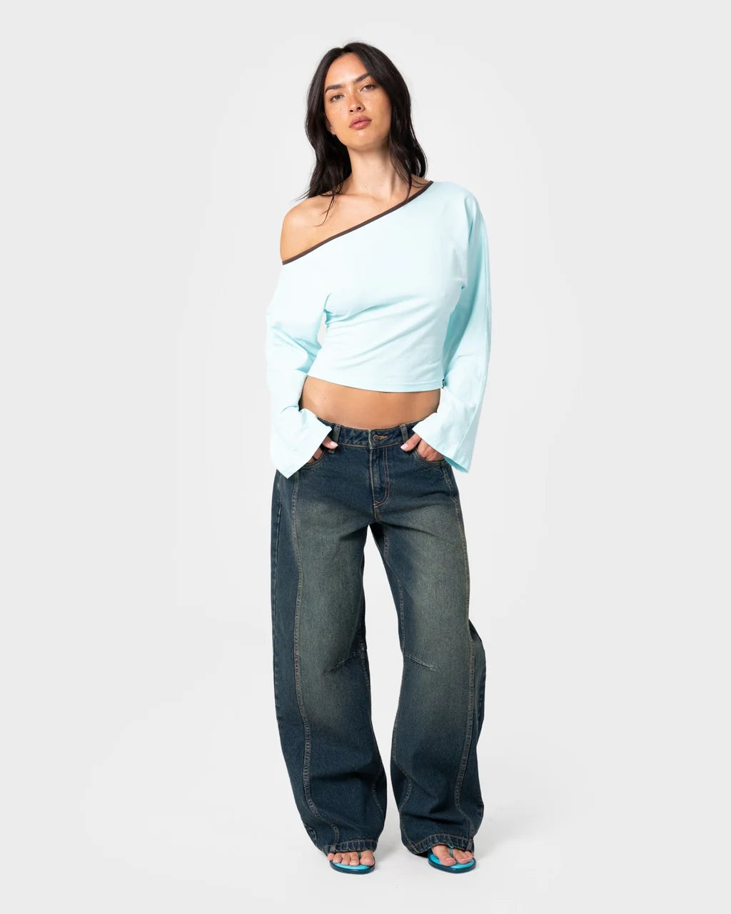 RUSTY YUNO REVERSE LONG SLEEVE SLOUCH TOP – WOMENS – POWDER AQUA