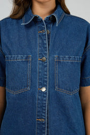 ALL ABOUT EVE SIMI DENIM SHIRT WOMENS SHORT SLEEVE BUTTON UP HERITAGE BLUE