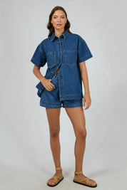 ALL ABOUT EVE SIMI DENIM SHIRT WOMENS SHORT SLEEVE BUTTON UP HERITAGE BLUE