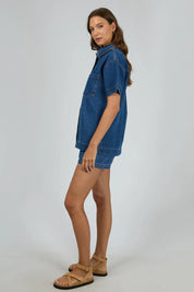 ALL ABOUT EVE SIMI DENIM SHIRT WOMENS SHORT SLEEVE BUTTON UP HERITAGE BLUE