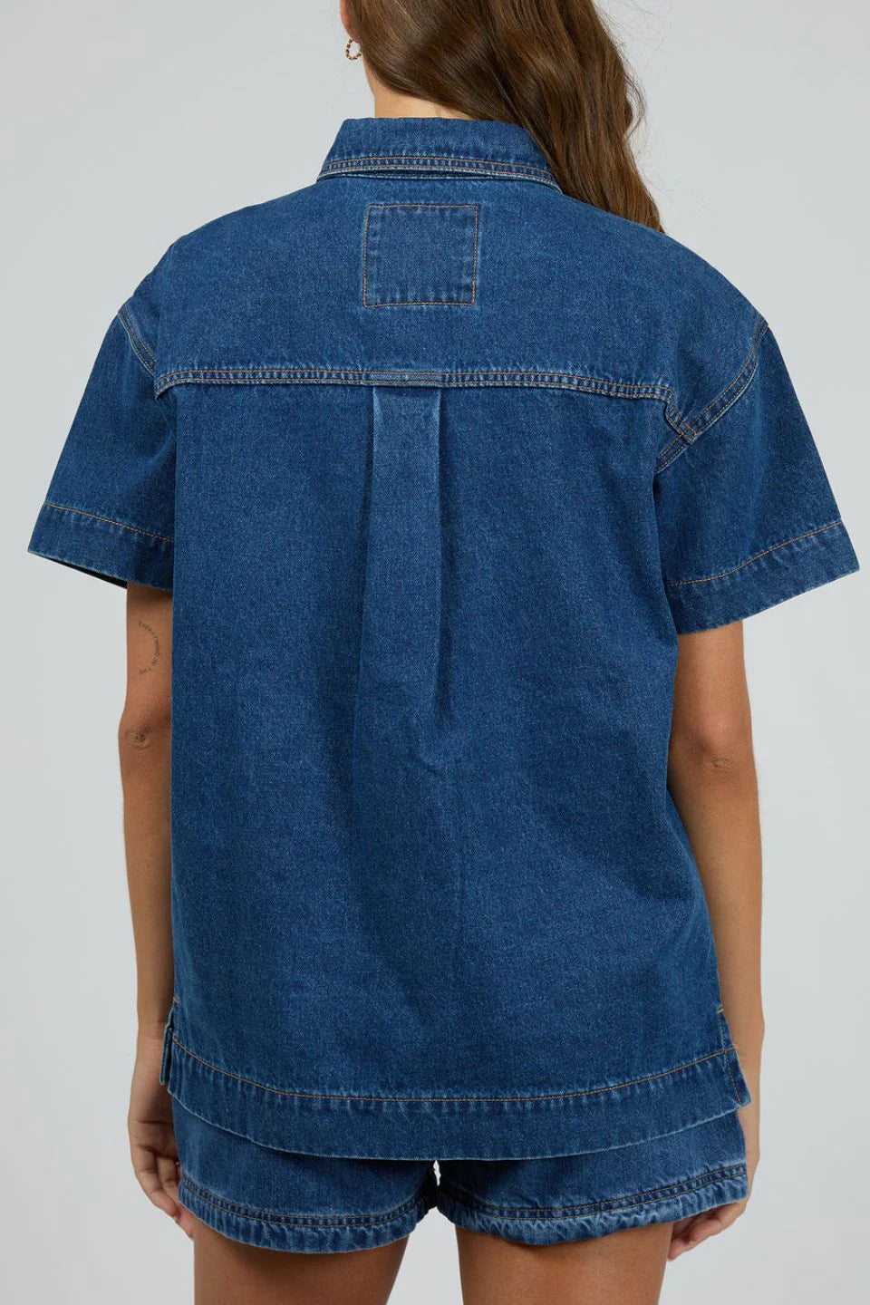 ALL ABOUT EVE SIMI DENIM SHIRT WOMENS SHORT SLEEVE BUTTON UP HERITAGE BLUE
