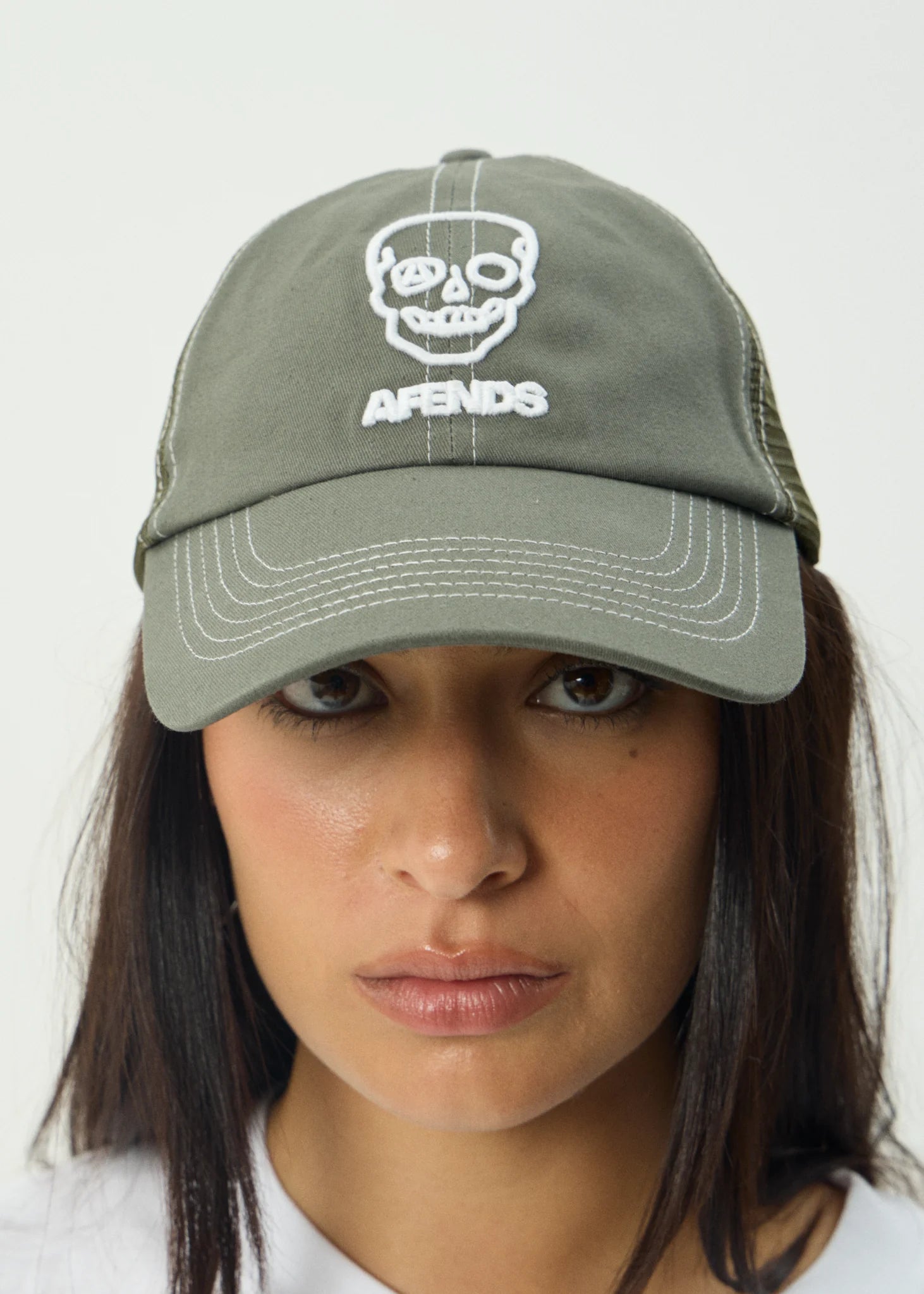 AFENDS SKELETOR SIX PANEL MESH CAP – RECYCLED SNAPBACK HAT WITH EMBROIDERY