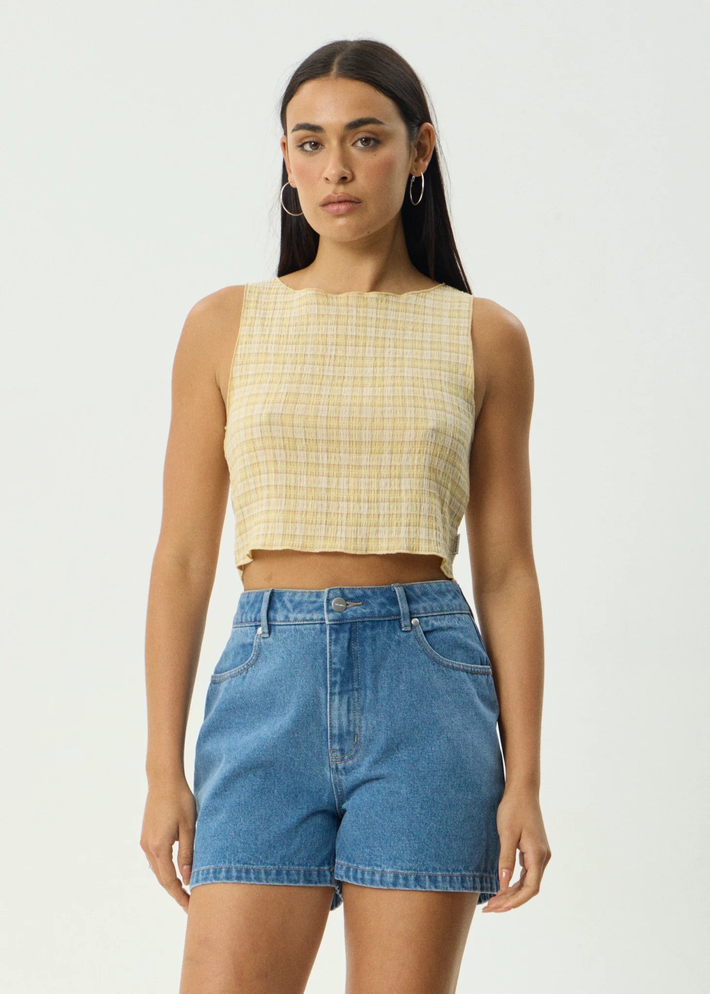 AFENDS SUNDAY SEERSUCKER SLEEVELESS TOP – HEMP LEMON CHECK CROPPED TANK