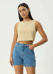 AFENDS SUNDAY SEERSUCKER SLEEVELESS TOP – HEMP LEMON CHECK CROPPED TANK