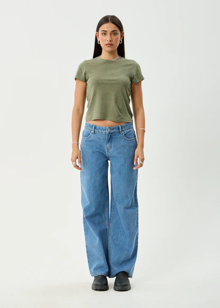 AFENDS ALYRA LOW RISE WIDE LEG JEAN BAGGY DENIM WORN BLUE