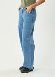 AFENDS ALYRA LOW RISE WIDE LEG JEAN BAGGY DENIM WORN BLUE