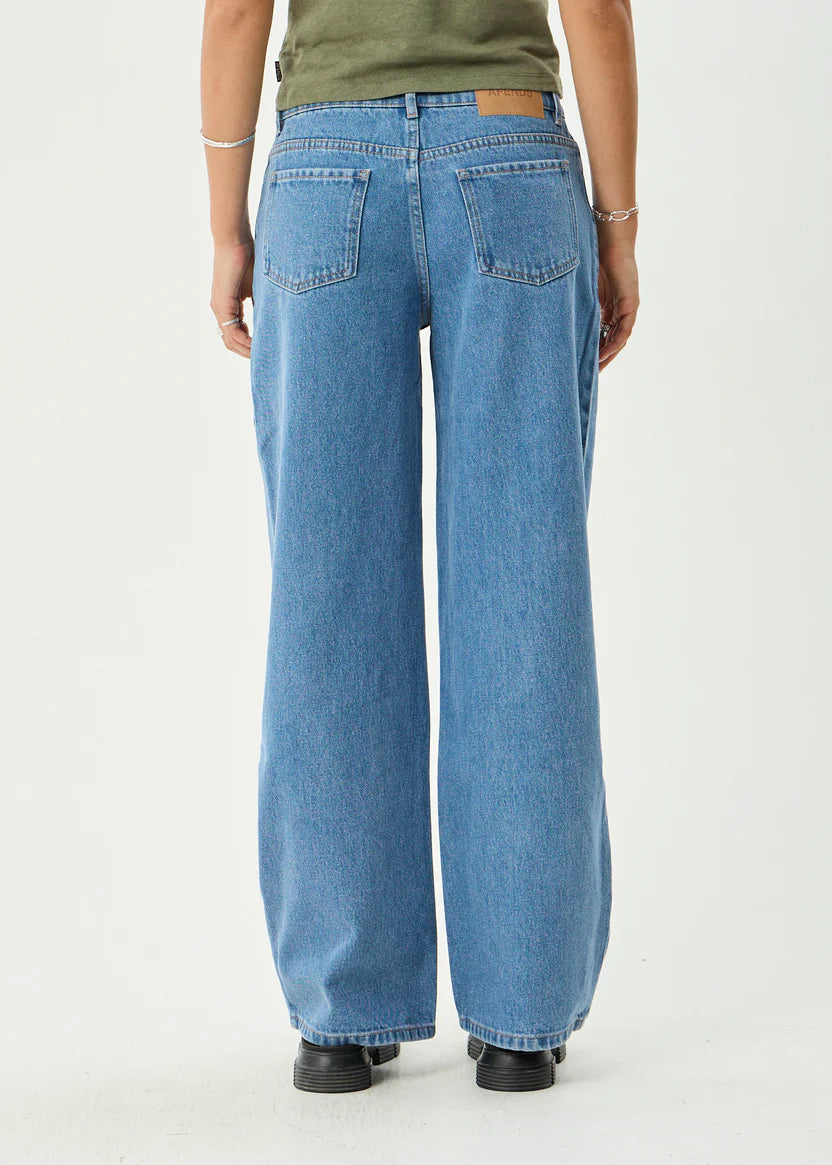 AFENDS ALYRA LOW RISE WIDE LEG JEAN BAGGY DENIM WORN BLUE
