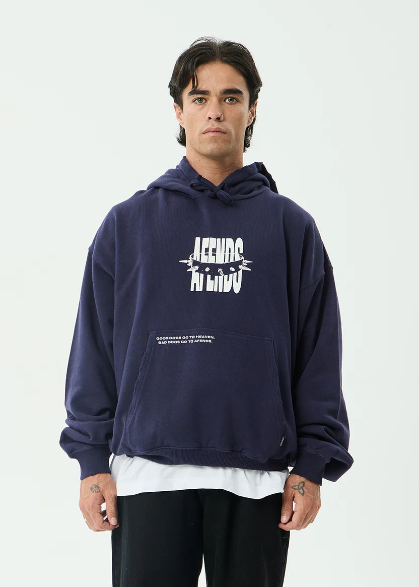 AFENDS BAD DOG BOXY PULL ON HOOD MEN’S RECYCLED STREETWEAR HOODIE WASHED DEEP SEA