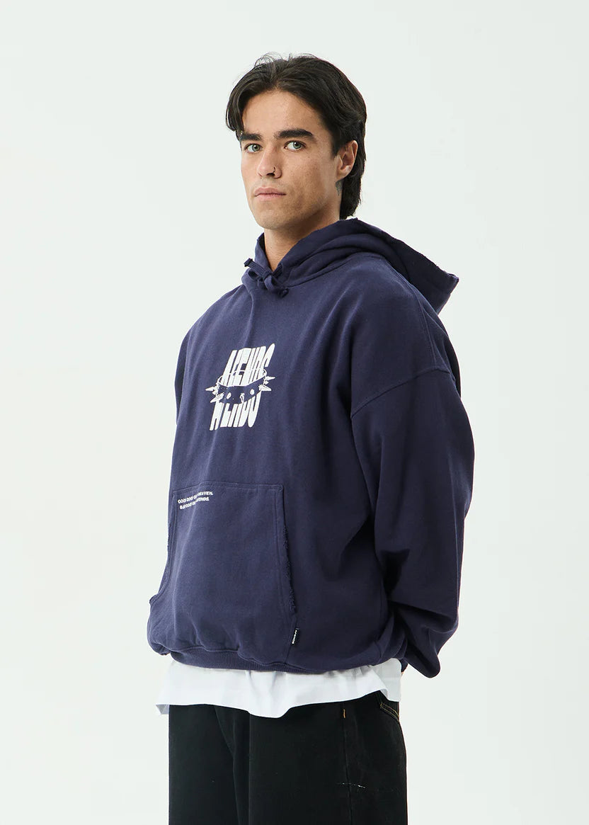 AFENDS BAD DOG BOXY PULL ON HOOD MEN’S RECYCLED STREETWEAR HOODIE WASHED DEEP SEA
