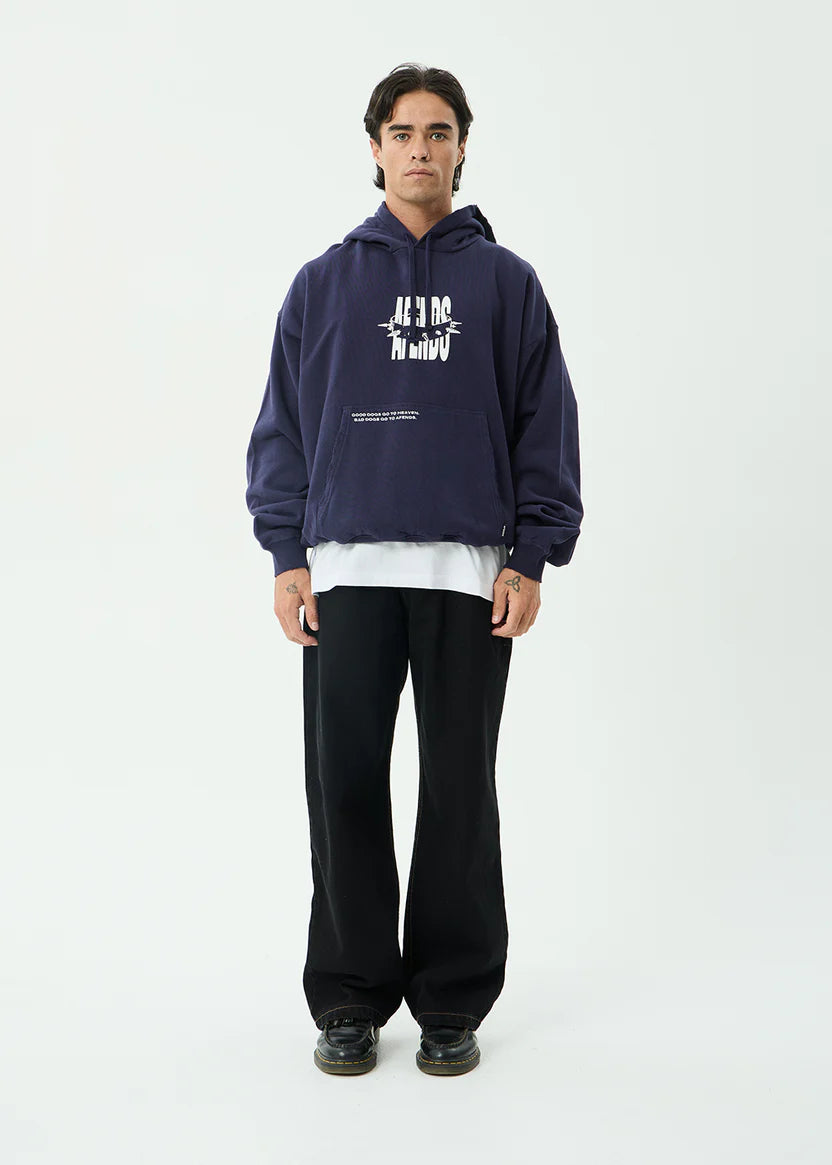AFENDS BAD DOG BOXY PULL ON HOOD MEN’S RECYCLED STREETWEAR HOODIE WASHED DEEP SEA