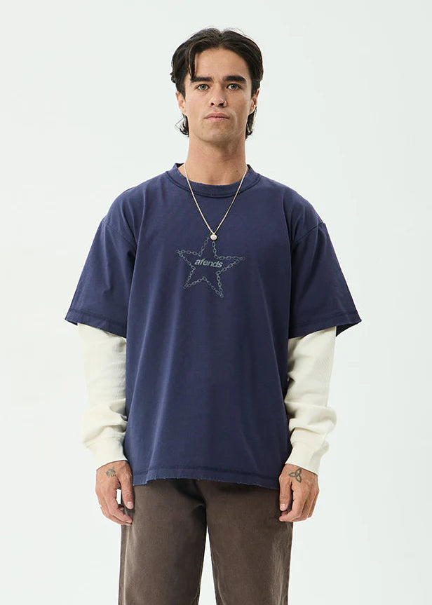 AFENDS CHAINS HEAVYWEIGHT LAYERED WAFFLE LONG SLEEVE TEE RECYCLED STREETWEAR WASHED DEEP SEA