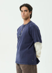 AFENDS CHAINS HEAVYWEIGHT LAYERED WAFFLE LONG SLEEVE TEE RECYCLED STREETWEAR WASHED DEEP SEA